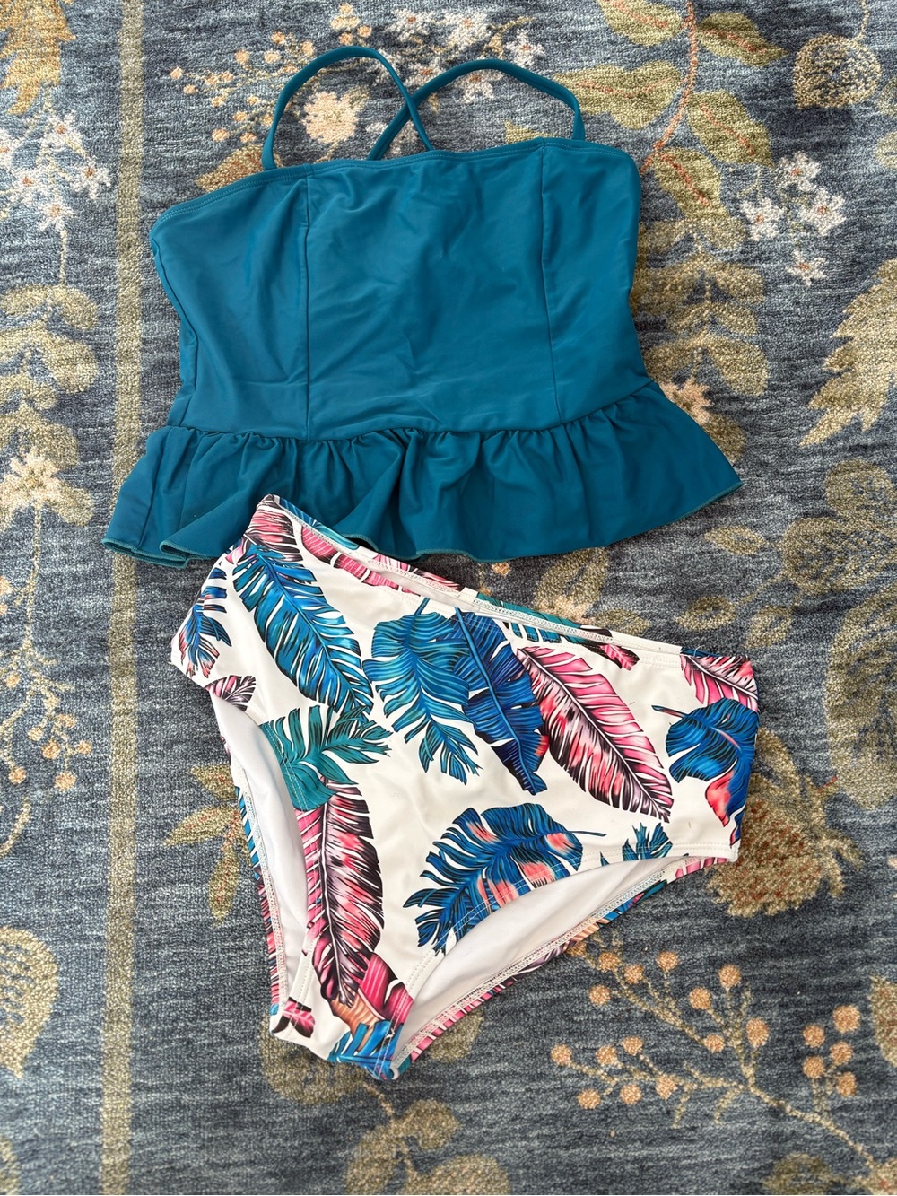 Teal Peplum Tankini Top with Tropical Leaf High Waist Bottoms